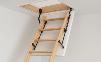 Wooden loft ladder extending into a ceiling opening for easy access