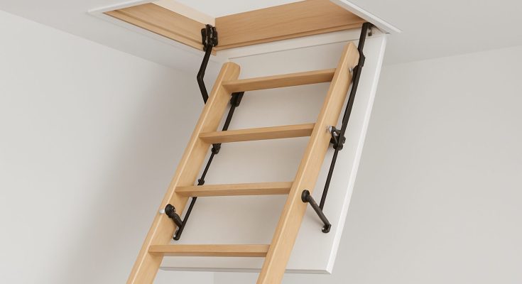 Wooden loft ladder extending into a ceiling opening for easy access