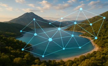 A scenic view of a bay surrounded by mountains and trees, with a network-like graphic overlay connecting various points.