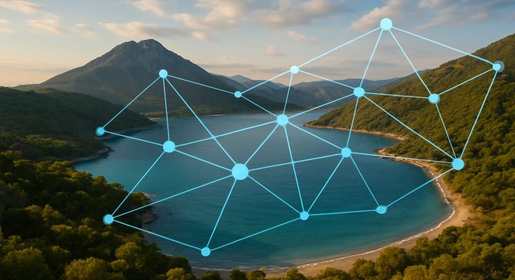 A scenic view of a bay surrounded by mountains and trees, with a network-like graphic overlay connecting various points.